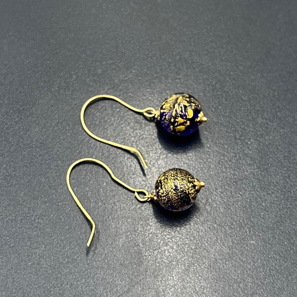 Michael Anthony Italy 14k Yellow Gold Blue Murano Glass Bead Wire Hook Earrings